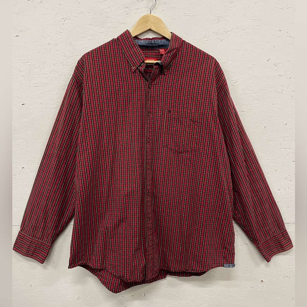 Vintage IZOD Red Plaid Button Down Long Sleeve Shirt, Size XL, Denim Accents